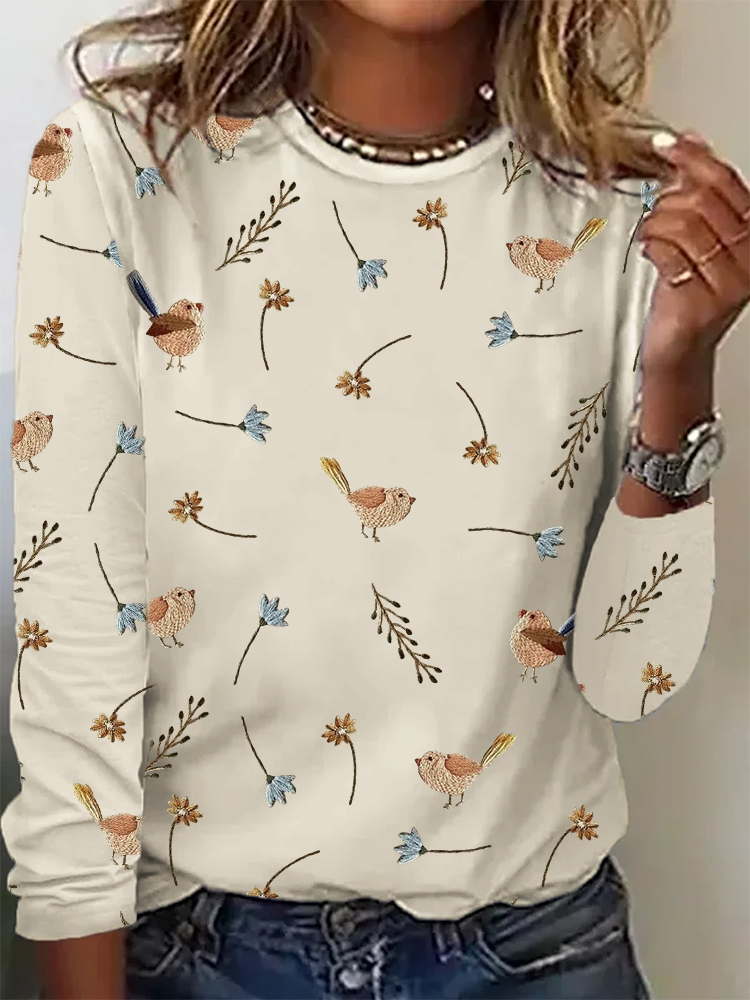 Birds Floral Embroidery Pattern Comfy T Shirt artswardrobe