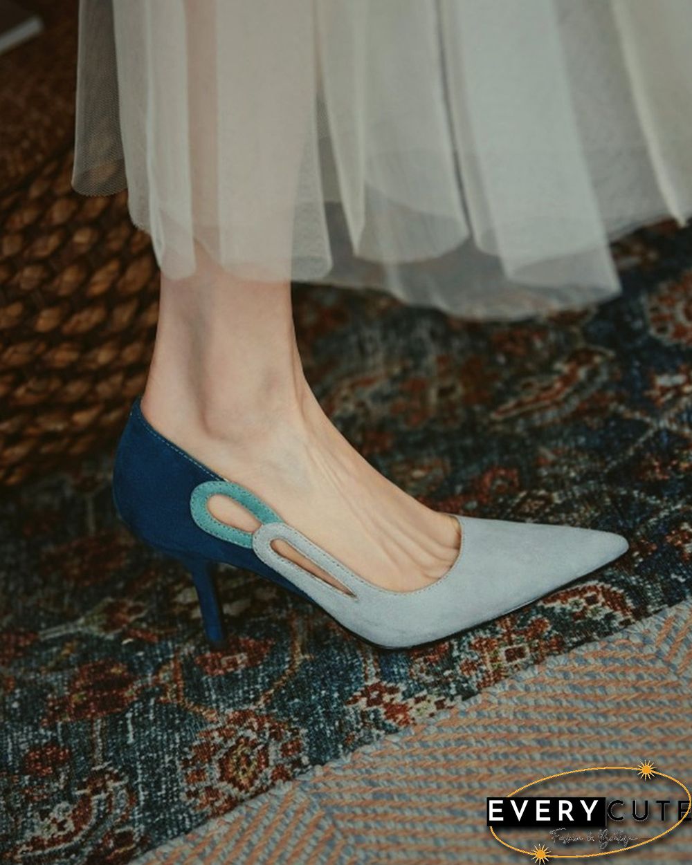 Colorblock Cut-out Suede Leather High Heel Sandals