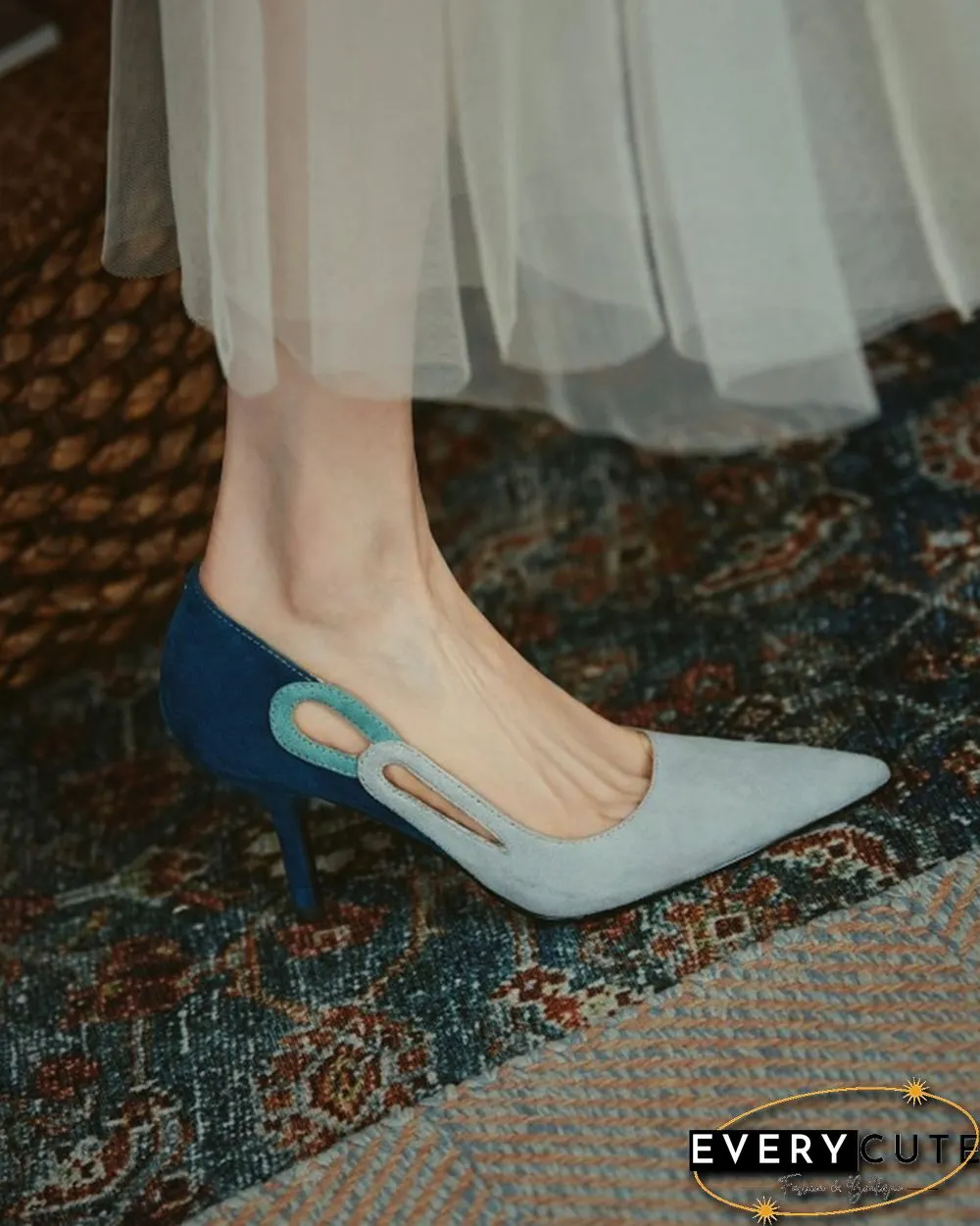 Colorblock Cut-out Suede Leather High Heel Sandals