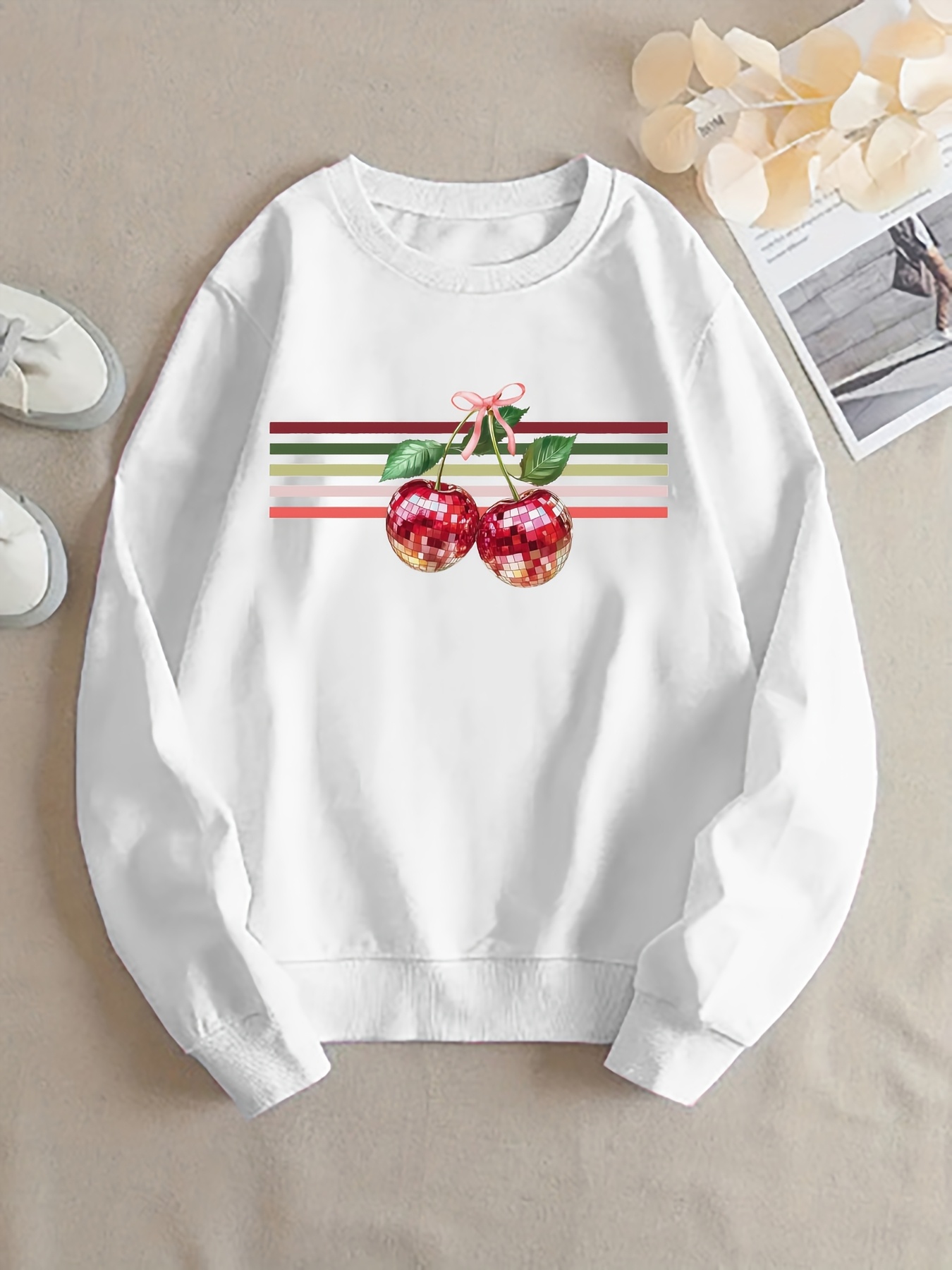 Sequined Cherry Style: A Women's Round-Neck Casual Sweatshirt With A Pattern Of Sequined Cherries And Colorful Stripes, Presenting A Fashionable Cherry Style | IFYHOME
