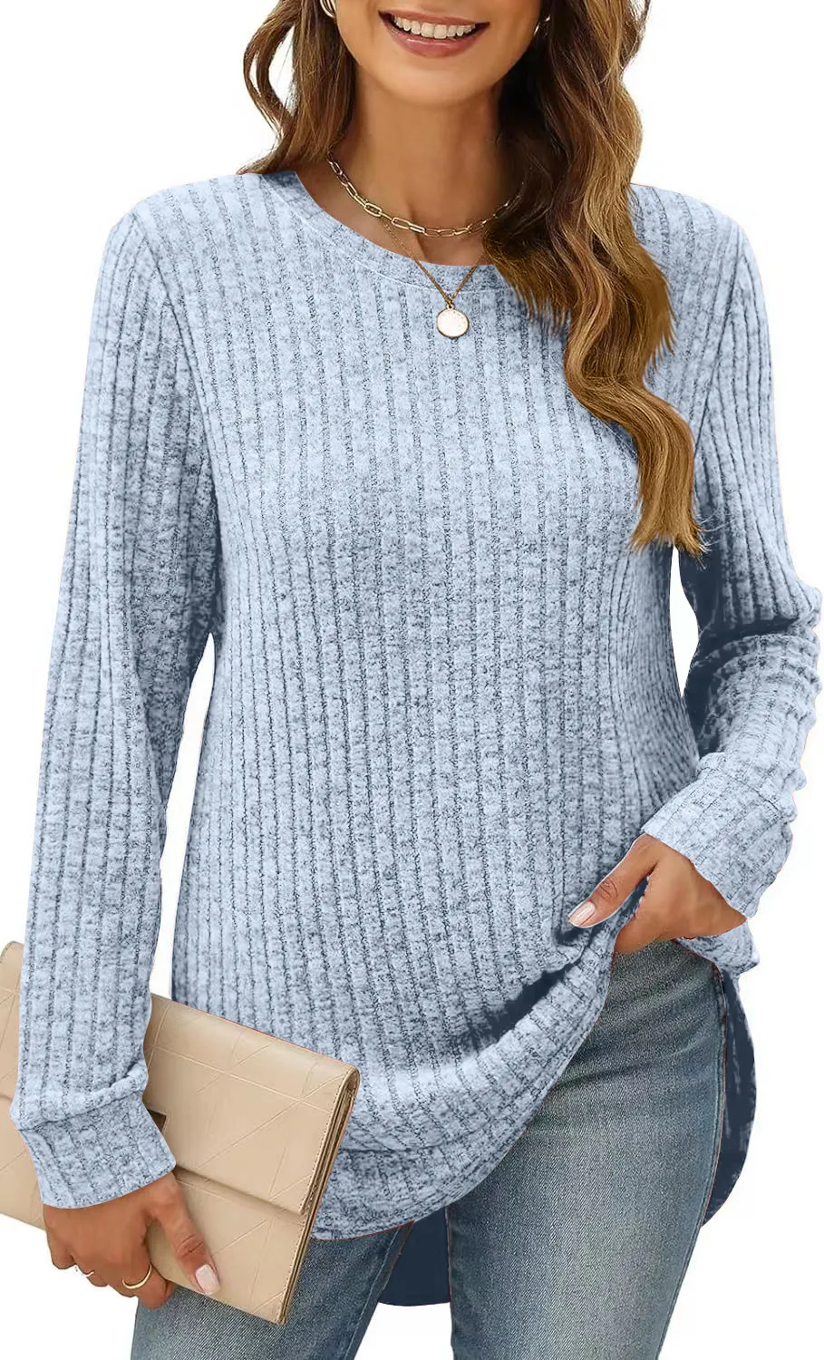 Churchf Churchf And Winter 2024 New Square Collar Pit Strip Solid Color Long-Sleeved Loose T-Shirt Top