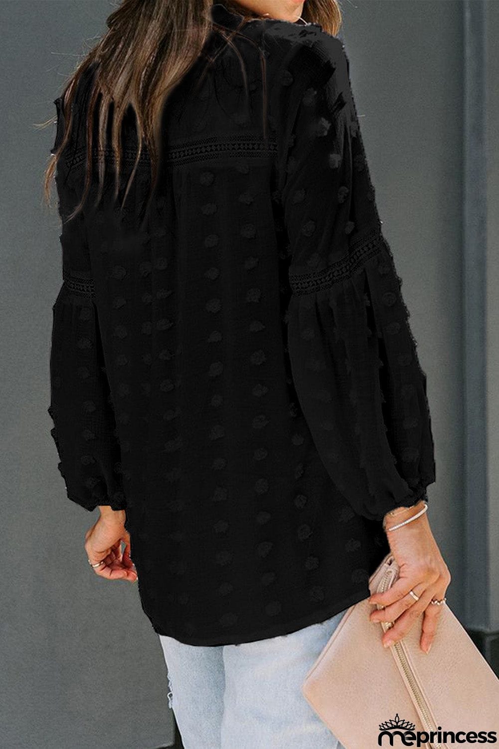 Ruffled Split Neck Lace Hollow Out Puff Sleeve Polka Dot Blouse