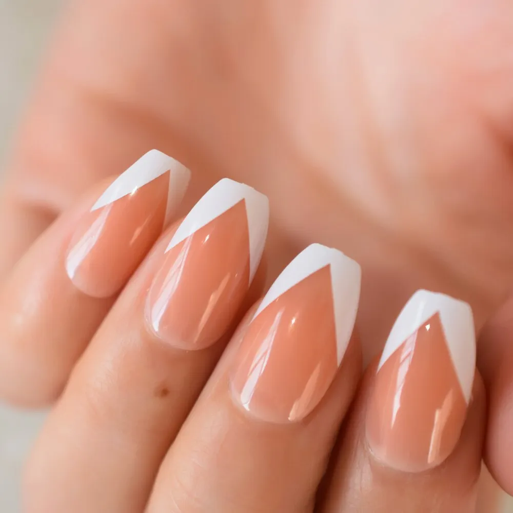 Pearl Shine Glossy Fake Nails Shimmer White Square Ombre French Nail Faux Ongles Gradient Medium Fingernails with Gluetabs-Nail Inspo