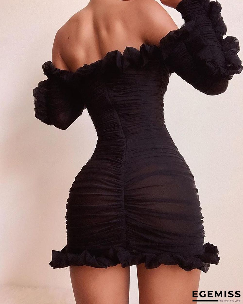 Solid Lace-Up Off Shoulder Ruffles Ruched Dress Black Dresses | EGEMISS