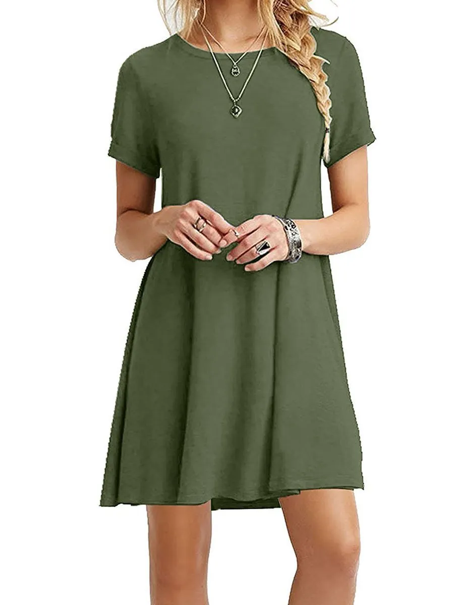 Round Neck Solid Color Short Sleeves Shift Dress