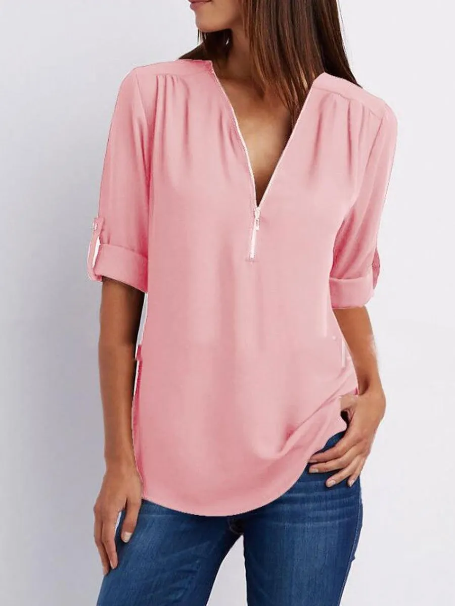 V-Neck  Zips  Plain  Roll-Up Sleeve  Long Sleeve Blouses
