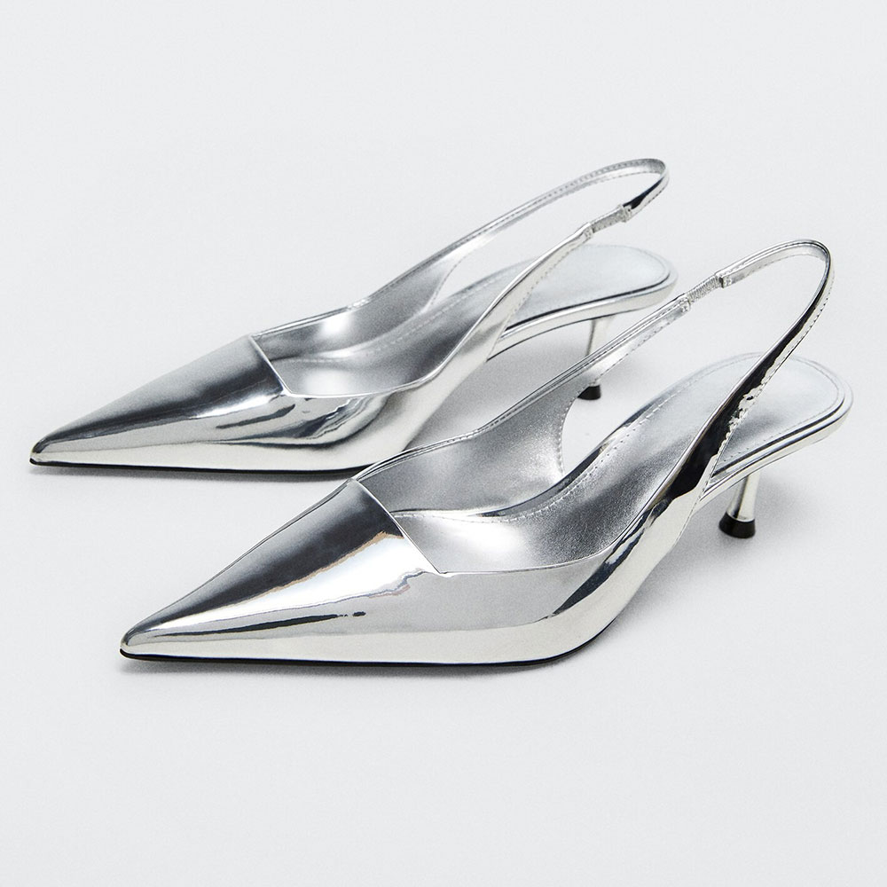 Metallic Finish Silver Pointed Toe Slingback Low Heel Pumps Nicepairs