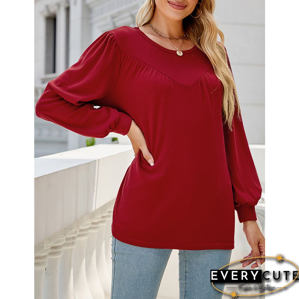 Red Crew Neck Pleated Puff Sleeve Tops