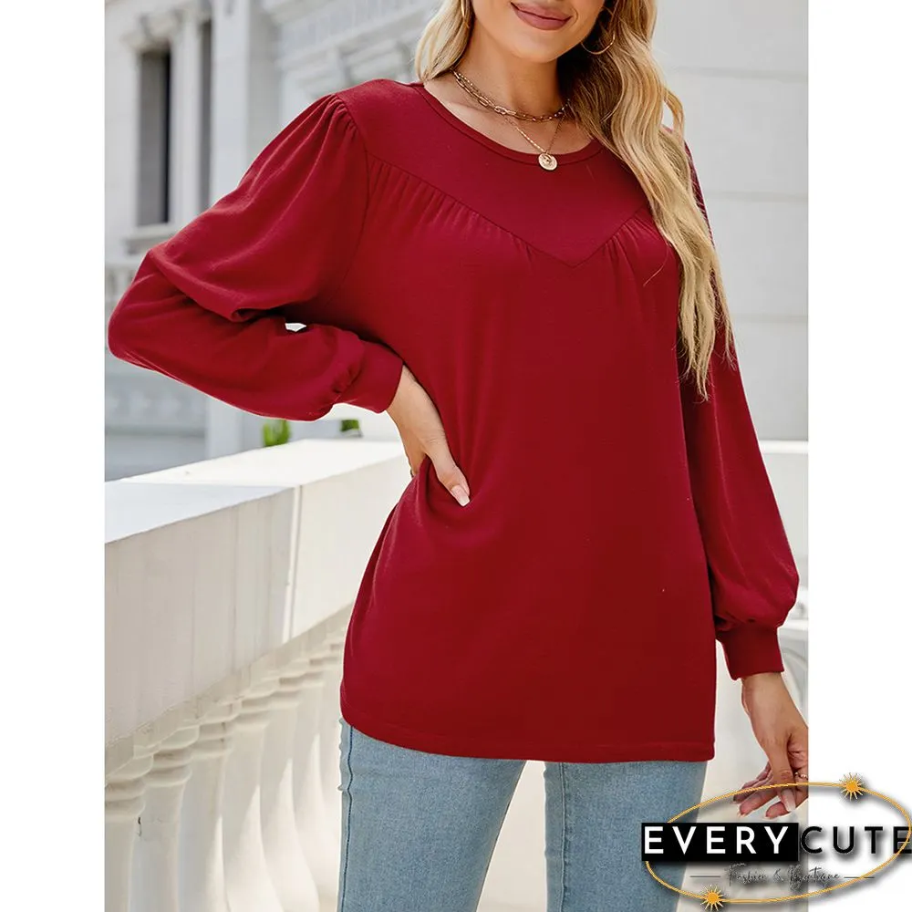 Red Crew Neck Pleated Puff Sleeve Tops