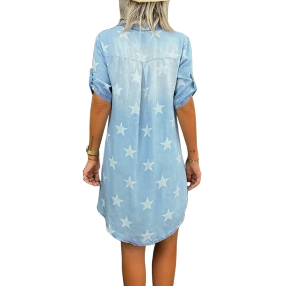 Star Print Denim Mini Dress for Women Summer Turn-down Collar Shirt Dresses Fashion Short Sleeve Jeans Dress Pullover 2021 D30