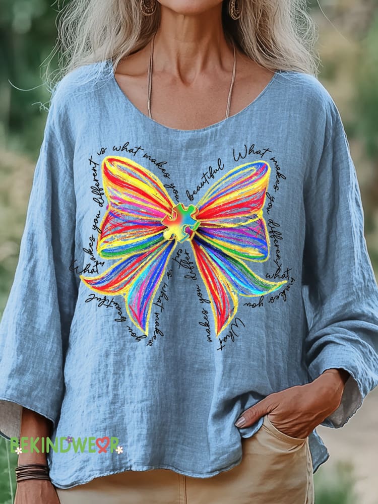 Autism Rainbow Bow Print Casual Cotton and Linen Top Multicolor / S