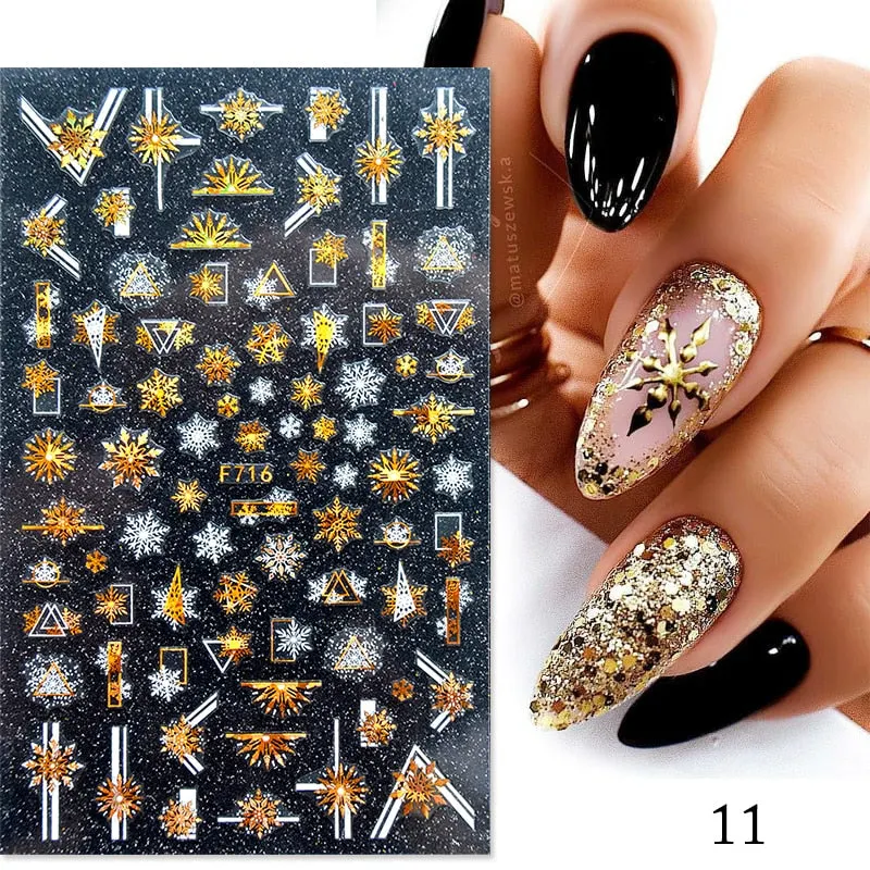 3D Christmas Nail Art Decoration Stickers Sparkly Gold White Colorful  Glitter Geometry Snowflake Winter Slider Nail Foils-Nail Inspo
