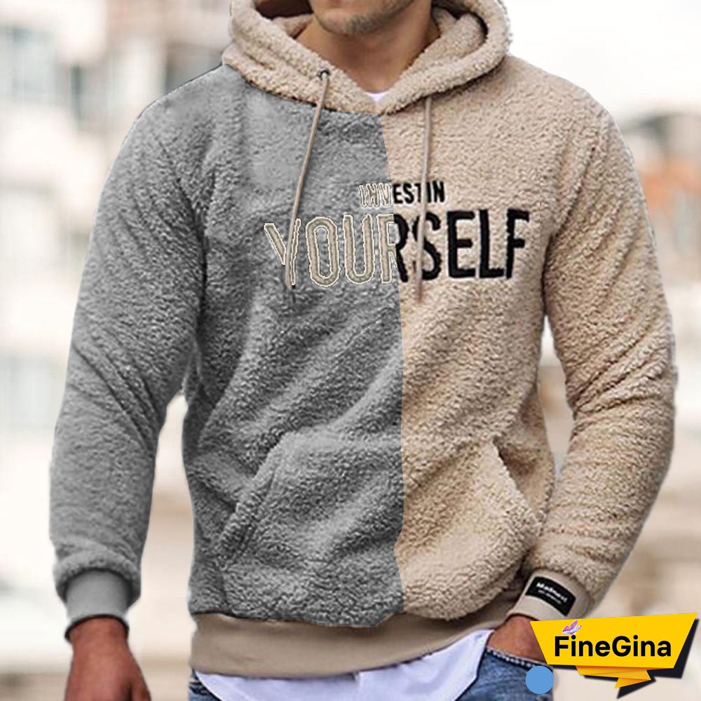 New Men's Stitching Contrast Pattern Embroidery Hooded Sweater