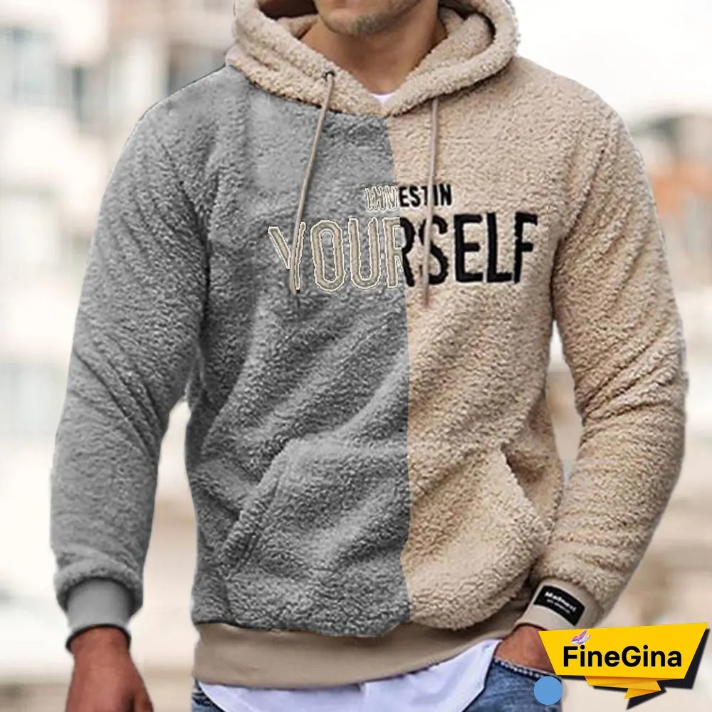 New Men's Stitching Contrast Pattern Embroidery Hooded Sweater