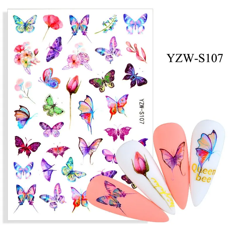 1pc Holographic Blue Nail Stickers Pink Colorful Butterfly Art Sticker With Adhesive DIY Extension Flowers Rose Nail Decoration-Nail Inspo