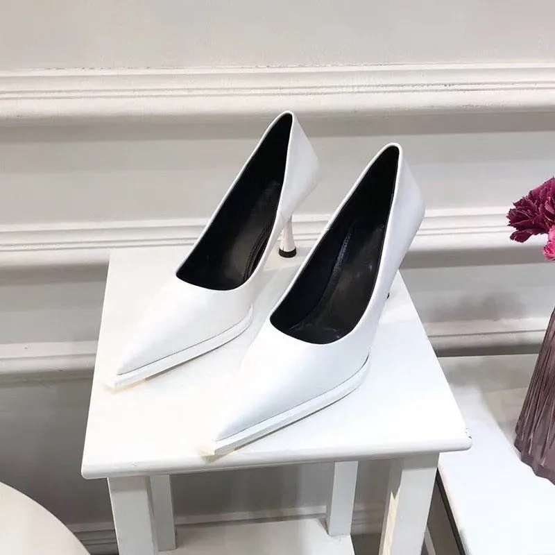 2020 NEW Women's Shoes LEATHER Woman High Heels Pointed toe Women Pumps for Fashion Office Lady Slip on Sock Free White Black
