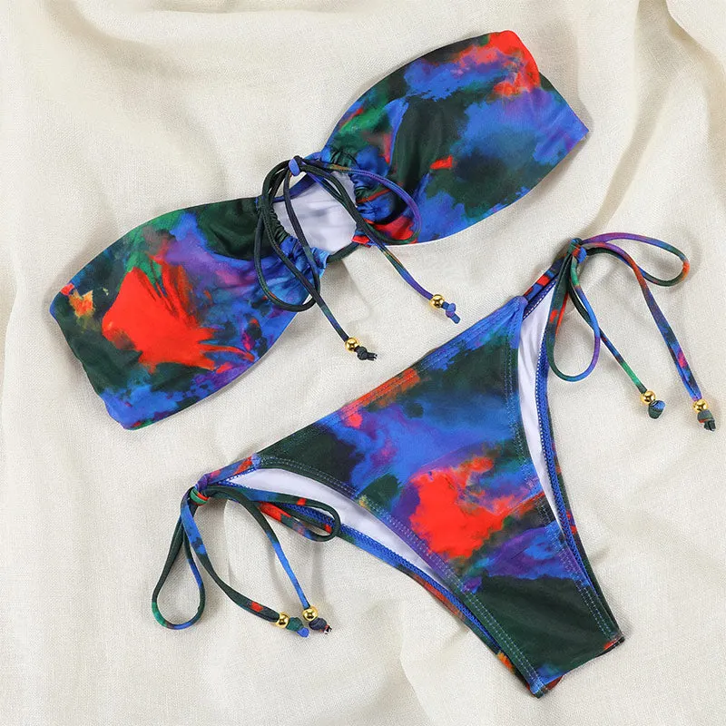 2022 Sexy Bikinis Bandeau Swimwear Women Swimsuit Bikini Set Patchwork Print Beachwear Bandage Bathing Suits Micro Thong Biquini