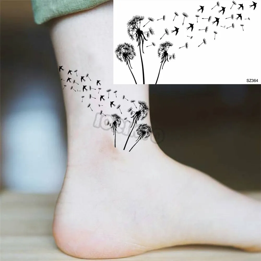 Black Dandelion With Creative Tattoos For Women Men Realistic Sea Wave Mountain Lavender Fake Tattoo Sticker Arm Leg Tatoos 3D