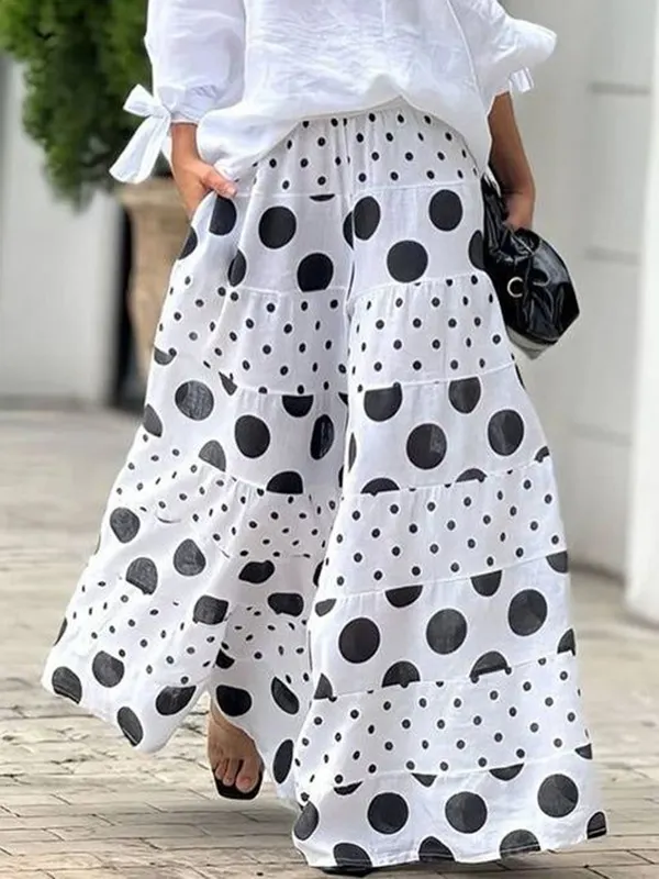 Contrast Color Elasticity Pockets Polka-Dot Split-Joint High Waisted Loose Trousers Pants