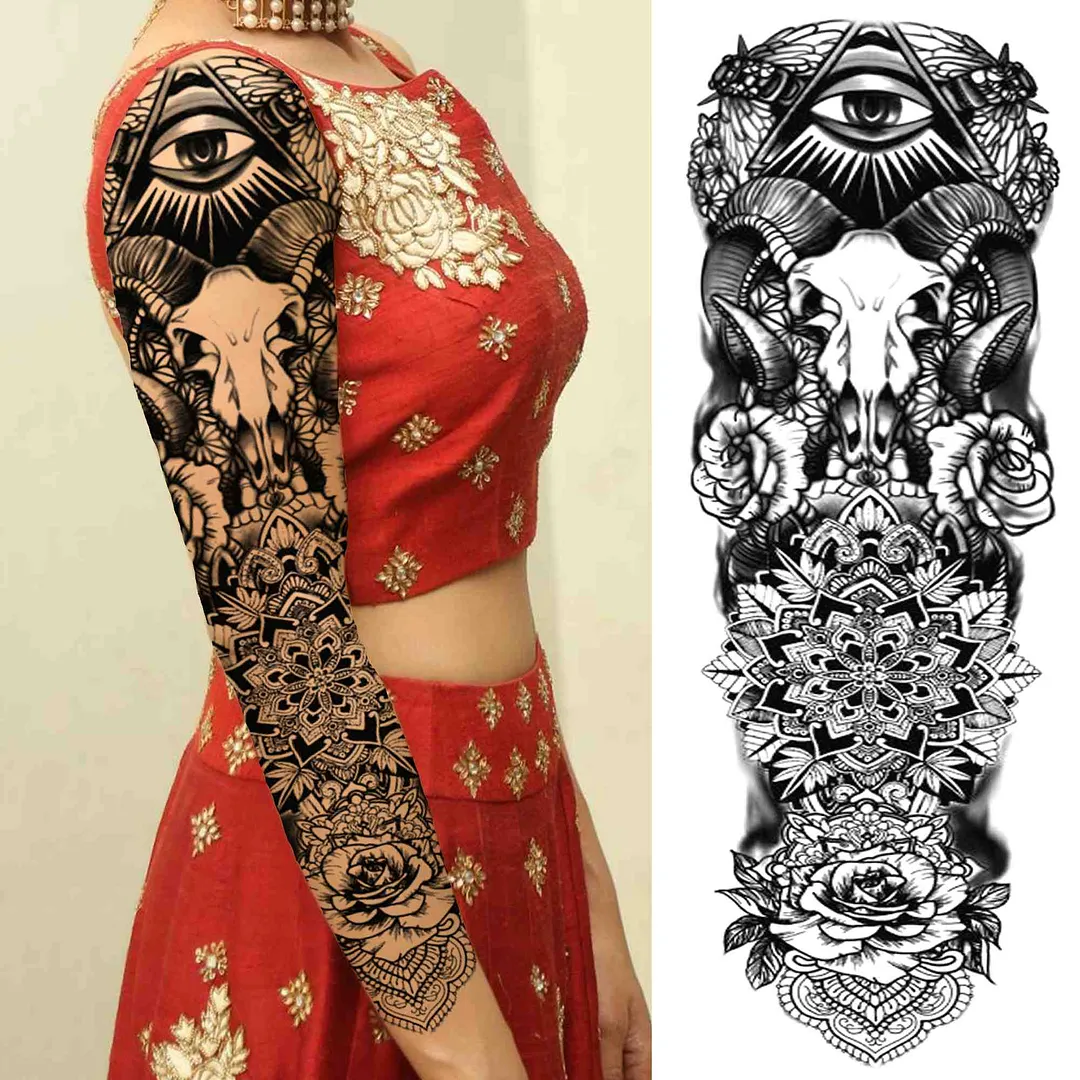 Tribal Totem Temporary Tattoo Sleeve For Men Women Adult Fake Flower Shoulder Tatoos Sticker Black Skull Tattoos Big Full Arm 1001 515