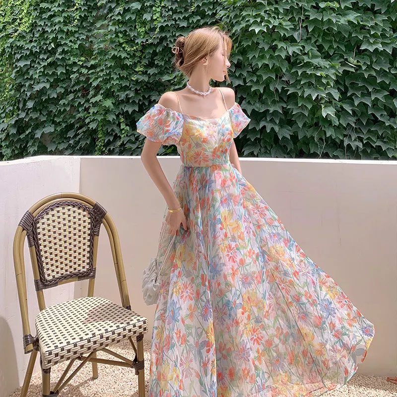 Churchf Churchf Organza A Word Shoulder Bubble Sleeve Broken Flower Condole Belt Dress Spring And Summer New Big Place Long Skirt