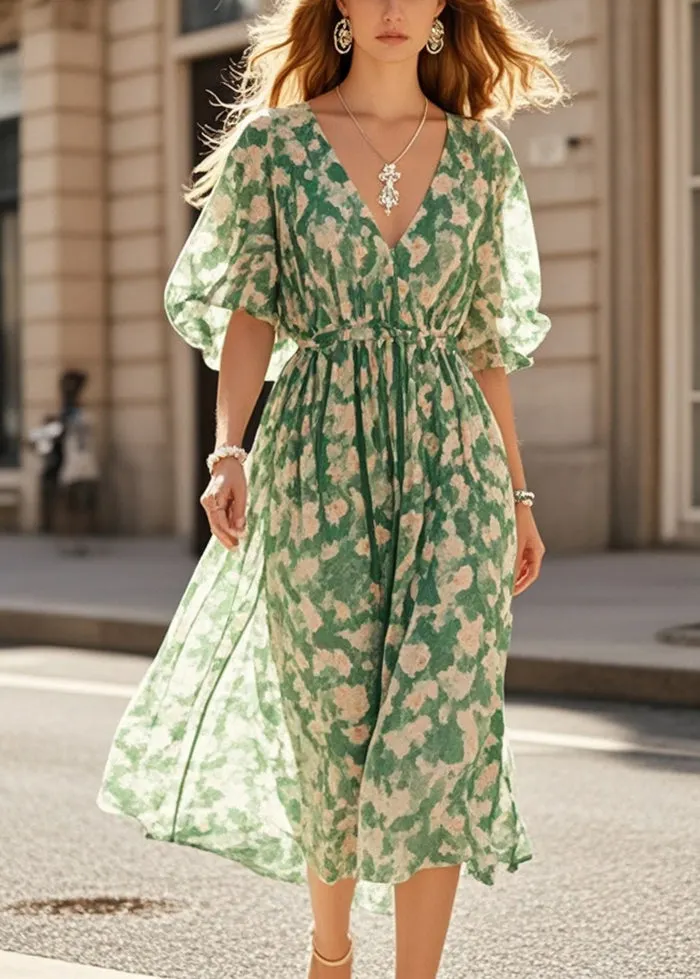 Plus Size Green Cinched Print Chiffon Robe Dresses Summer