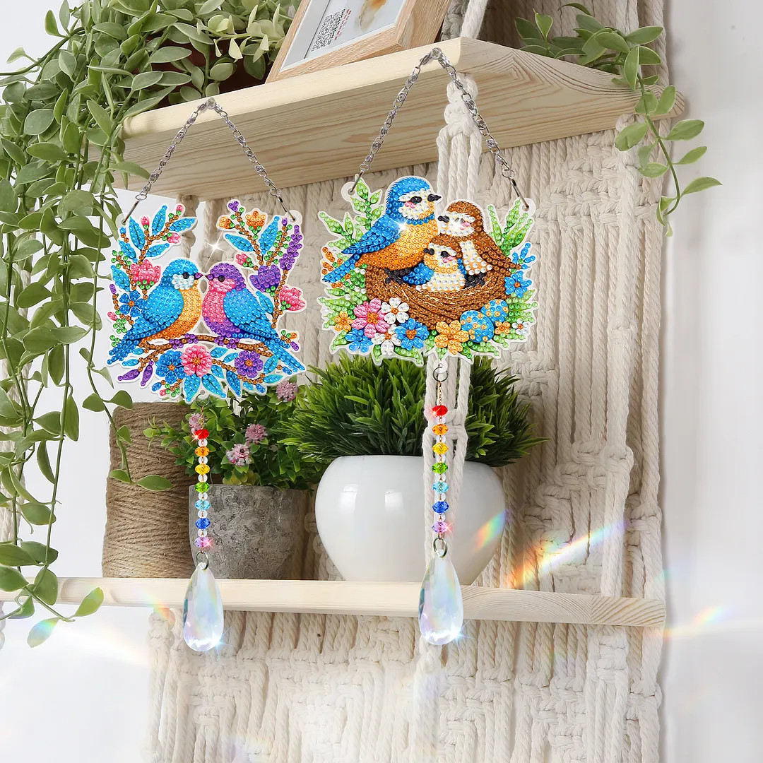 2Pcs Birds Family DIY Acrylic Diamond Painting Art Wind Chimes with Crystal Pendant Diamond Art Hanging Pendant Double-Sided for Adults Beginners Gift Home Garden Decor