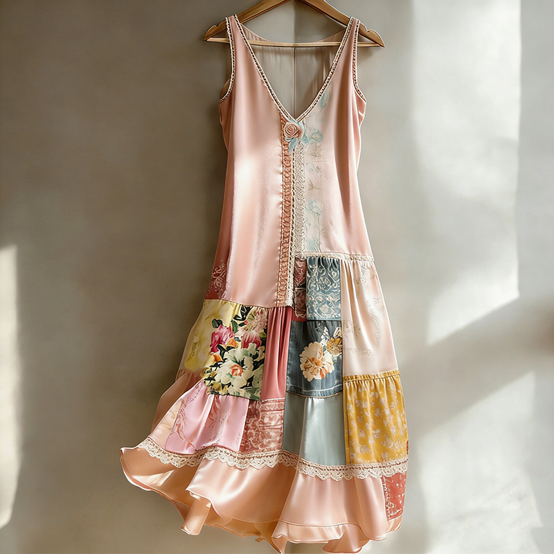 Women's Bohemian Floral Patchwork Sleeveless V-neck Dress elevenforest