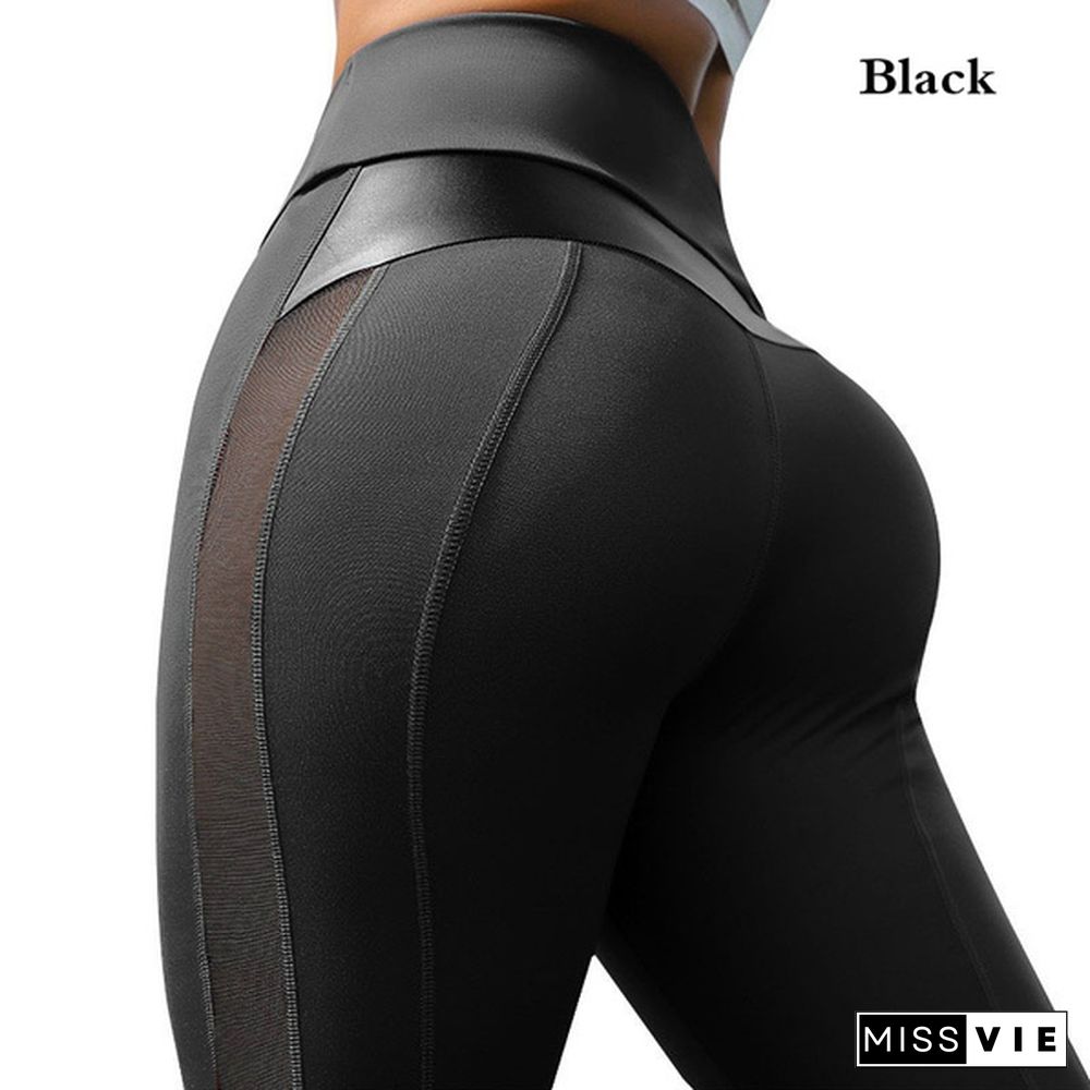 Fashion Women's Stretchy Mesh & Leather Patchwork High Waist Tummy Control Sport Yoga Running Pants GYM Fitness Leggings