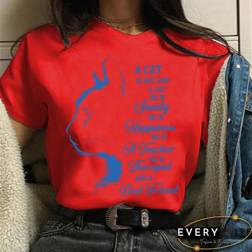 Women and Girls Cat&Letter Print Short Sleeve T-shirt Summer Short Sleeves Womens Solid Color Tees Tops Graphic Cute Cat Shirts Gifts for Cat Lovers