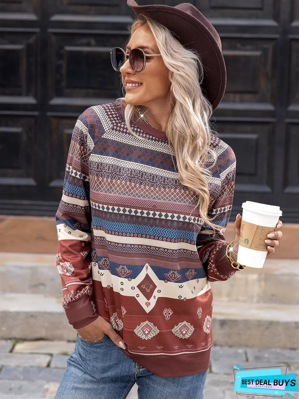 Geometric Printed West Styles/Cows Casual Vintage Loosen Sweatshirt