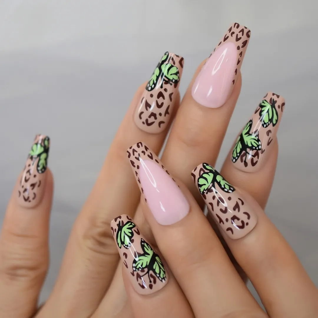 Glitter Nails Tips With Design Charms Leopard Wild Supplies For Professionals Press On Nails Coffin Extra Long EchiQ Nails Set-Nail Inspo