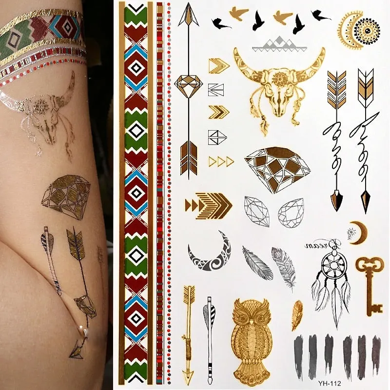 Temporary Tattoos Gold Silver Metallic Tattoo Arm Body Tattoo Cool Bracelet Style Girl DIY Golden Flash Tattoos