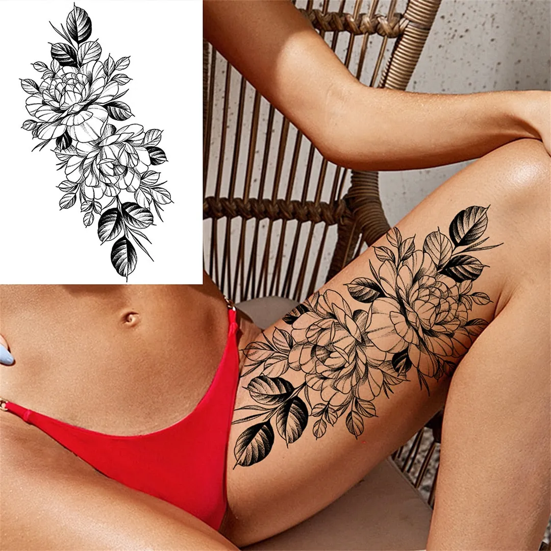 Flower Compass Temporary Tattoo For Women Girls Adult Rose Peony Tattoos Sticker Fake Black Floral Body Art Thigh Tatoos Paper