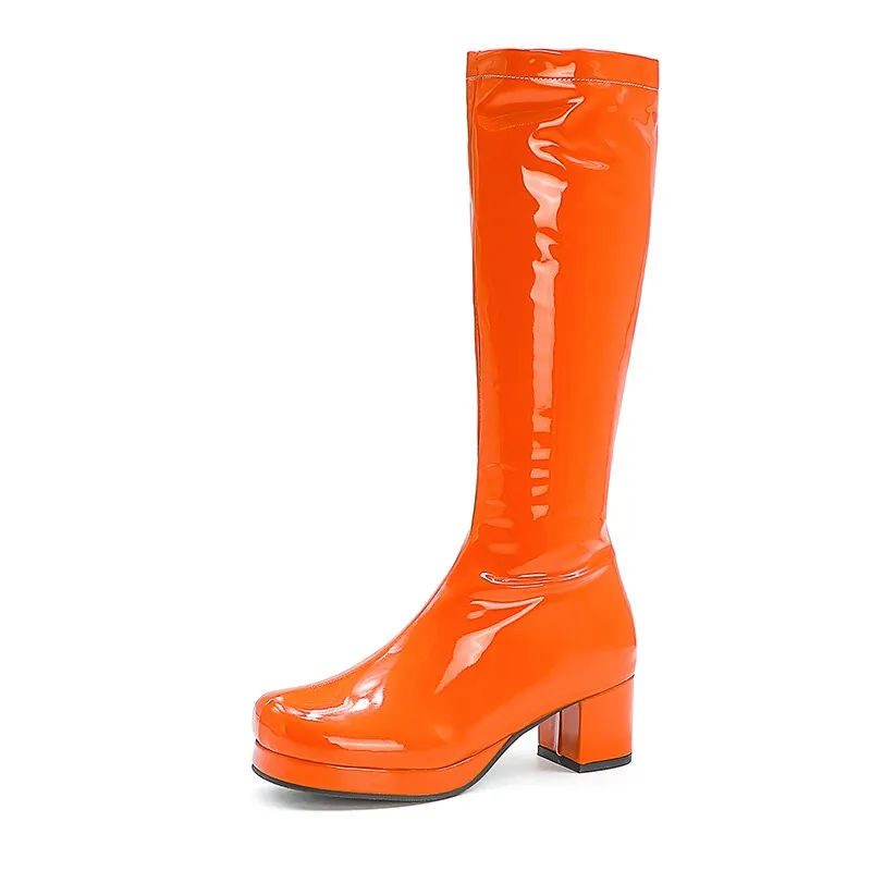 Gdgydh Women Patent Leather Boots 2021 Autumn Winter High Heel Platform Mid Calf Boots For Women Colorful Fashion Light PU Boots