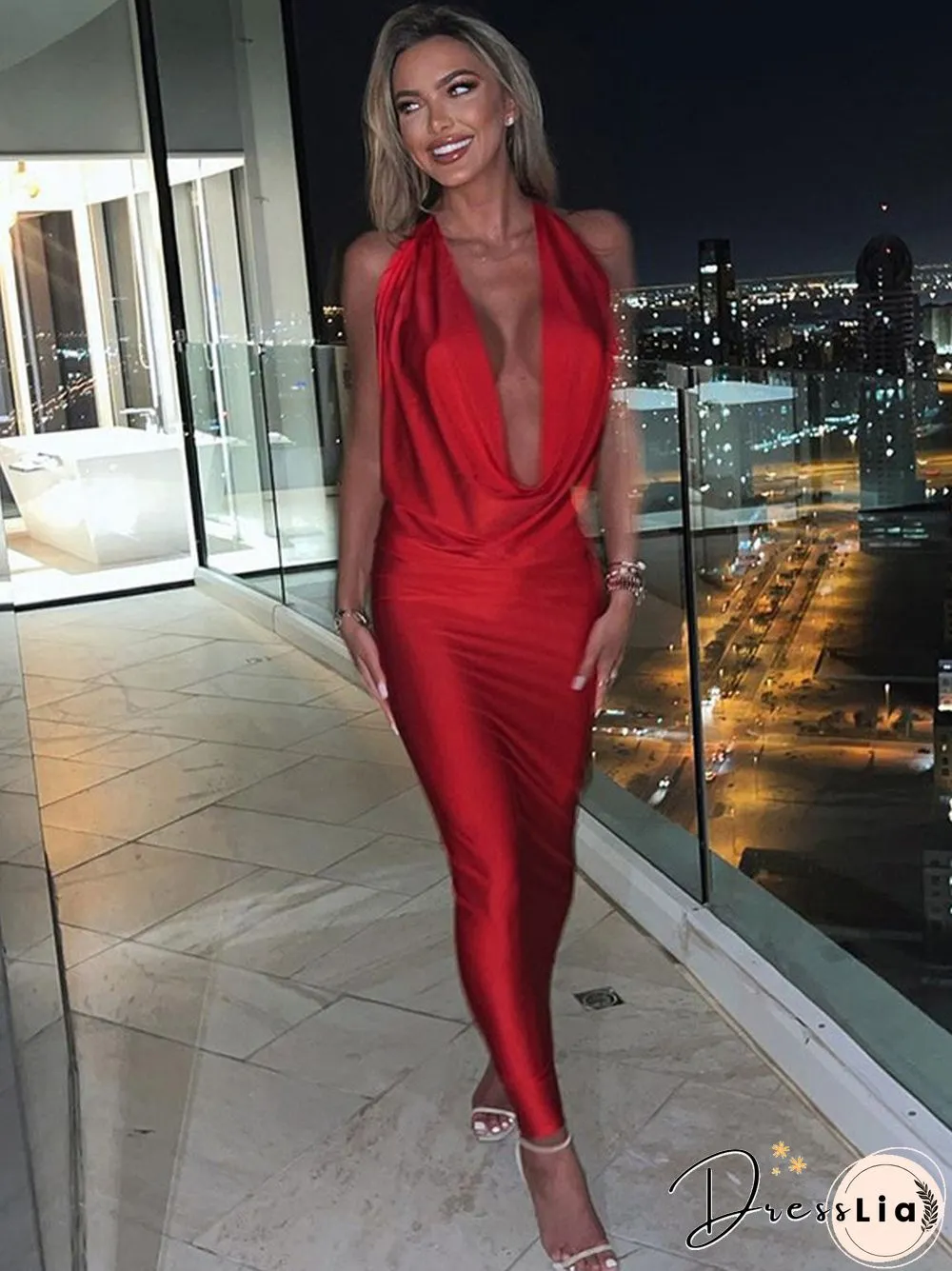 Chic Bling Women Evening Halter Maxi Dress Pile Collar Backless Bodycon Sexy Party Elegant Club Birthday Festival Outfit