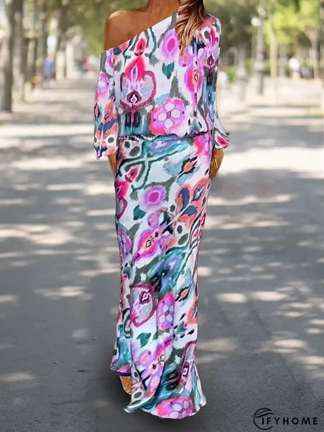 Two Piece Dress Set Casual Dress Sheath Dress Outdoor Daily Fashion Streetwear Print Maxi Dress One Shoulder Long Sleeve Graphic Abstract Loose Fit Red Royal Blue Sky Blue Summer Spring S M L for Women | IFYHOME