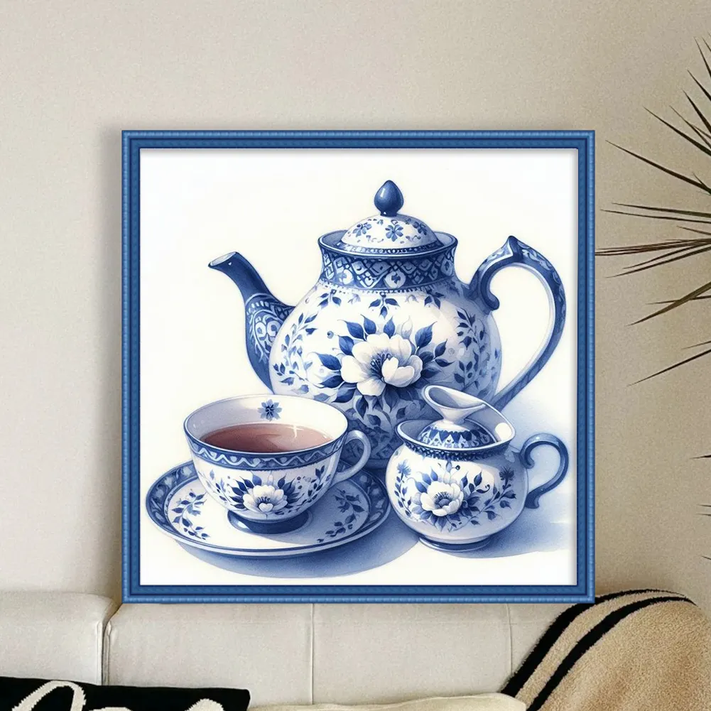 11CT Full Stamped Cross Stitch - Blue and white porcelain Porcelain Teapot(Canvas|40*40CM)