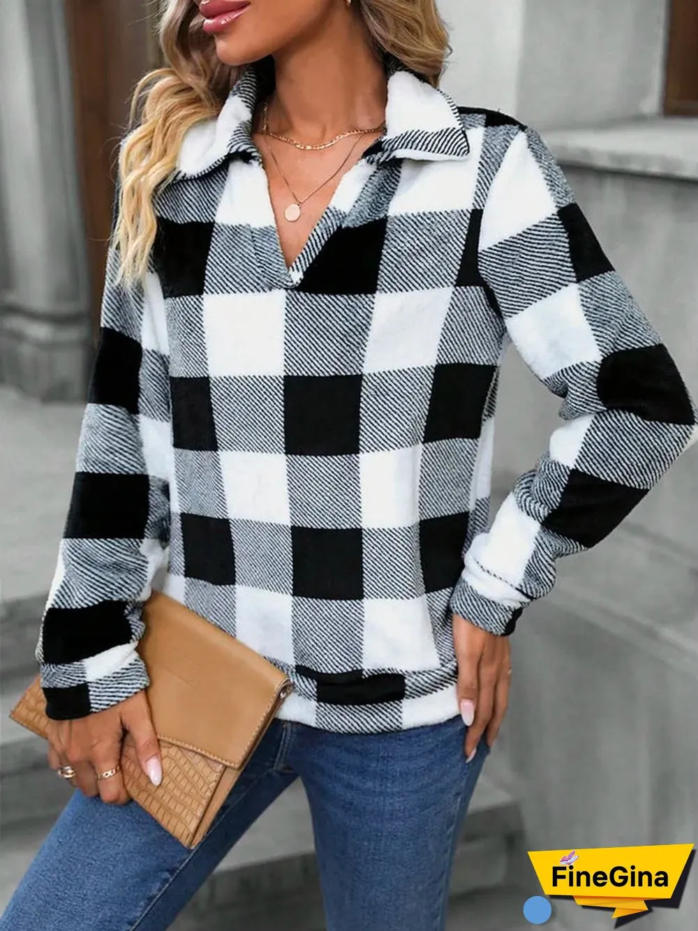 Grey Long Sleeve Plaid Top
