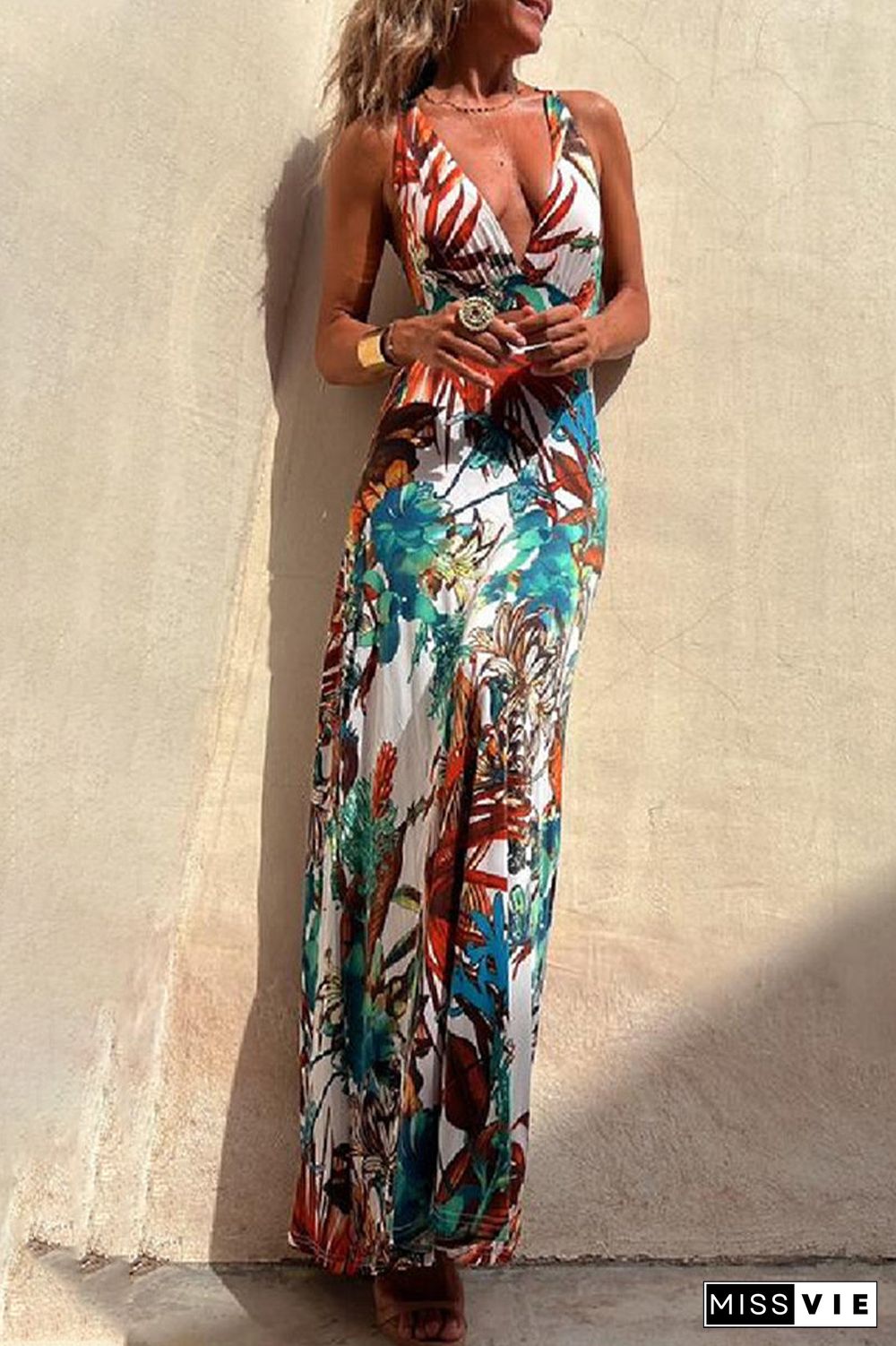 Sexy Vacation Floral Backless V Neck Printed Dress Dresses(3 Colors)