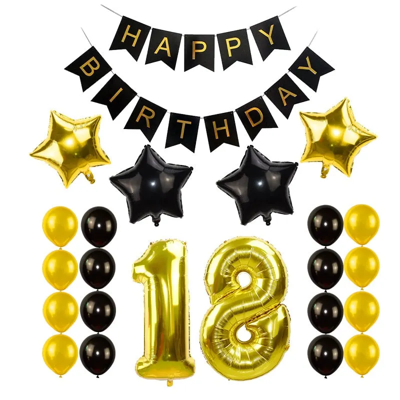Black Gold Happy Birthday Banner Balloons Helium Number Foil Balloon for Baby Boy Kids Adult 18 30 Birthday Party Decorations