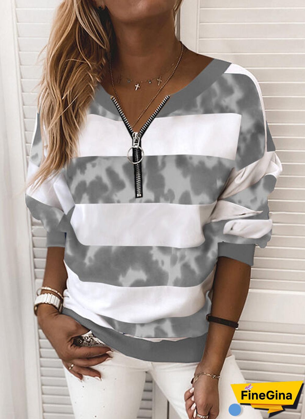 Large size loose women's blouse summer ladies shirts tops fashion casual V-neck zipper long-sleeved women's striped shirts