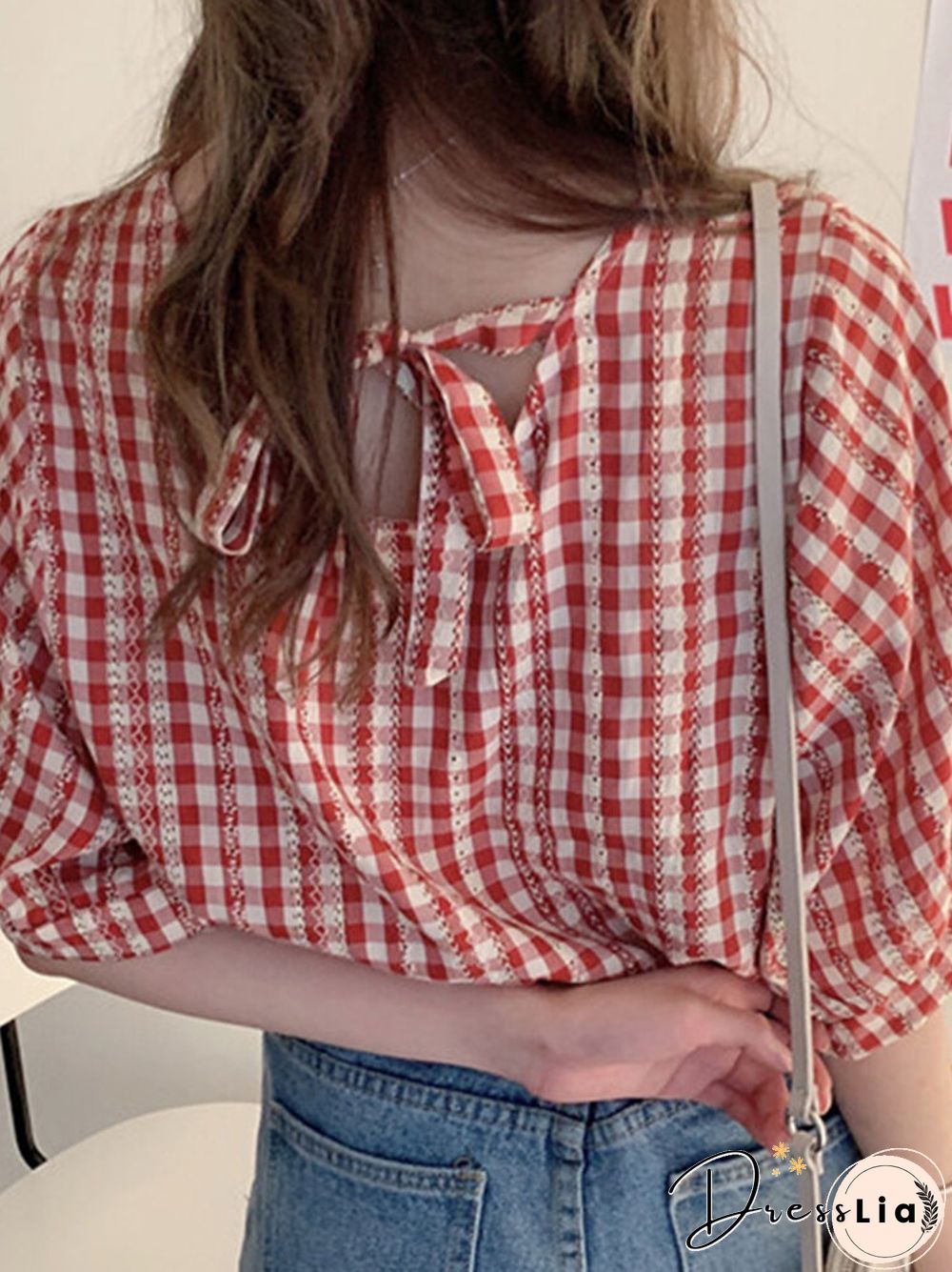 Check Print V-neck Loose Short Sleeve Women Blouse