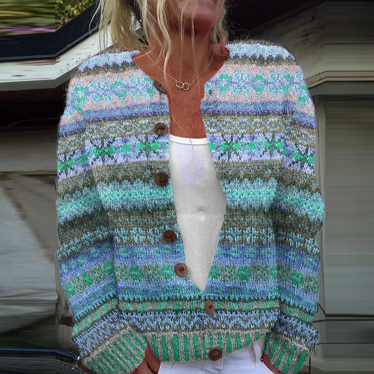 Retro Ethnic Snowflake Pattern Button Sweater Cardigan
