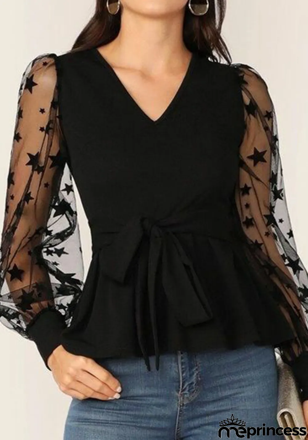 Women Fall V-neck Long Sleeve Lace Elegant Top