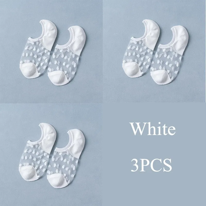 3 Pairs/Set Crystal Lace Socks Summer Women Transparent Lace Silk Flower Girls Elastic Invisible Short Boat Socks Female Sox