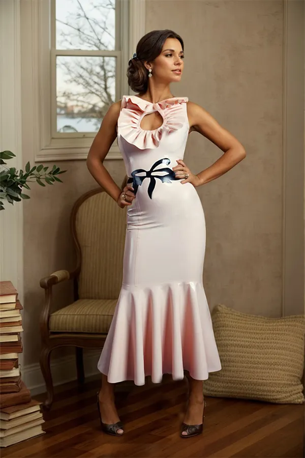 Women Latex Dress Baby Pink Mermaid Cutout Ruffled