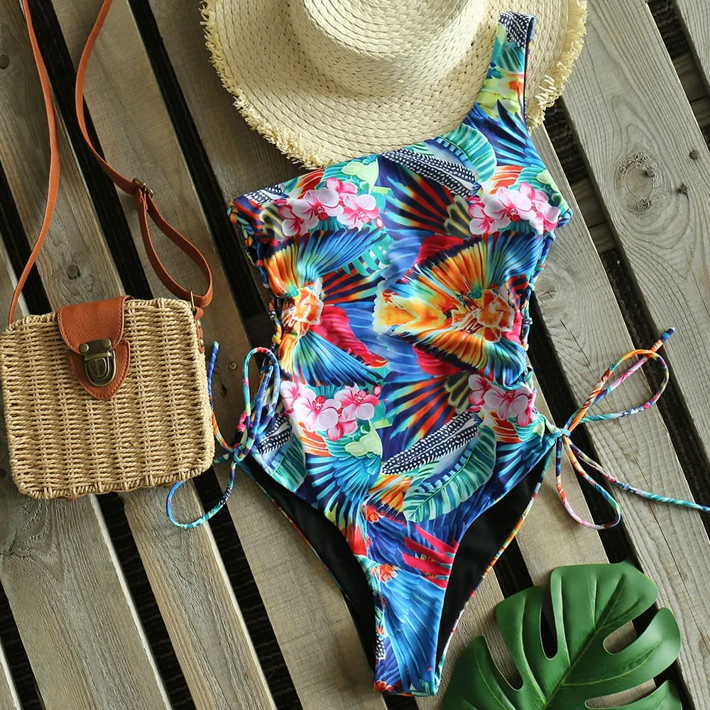 2022 Sexy One Piece Swimsuit One Shoulder Bandage Swimsuits Printi Swimwear Women Backless Bathing Suit Beachwear Monokini Swim