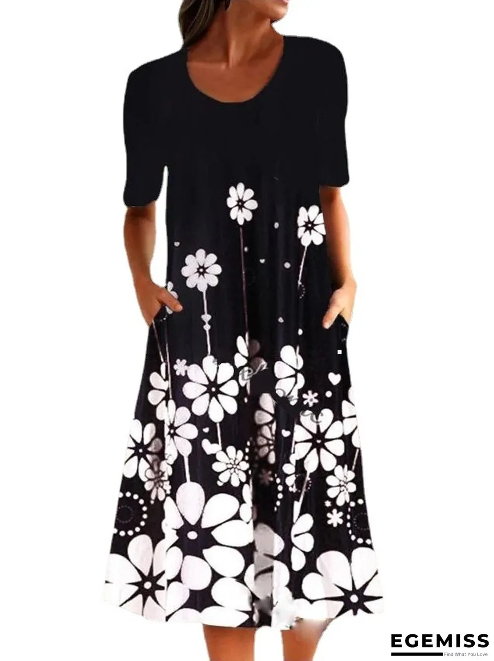 Fashion Personality Retro Floral Print Half Sleeve Dress Black Dresses | EGEMISS