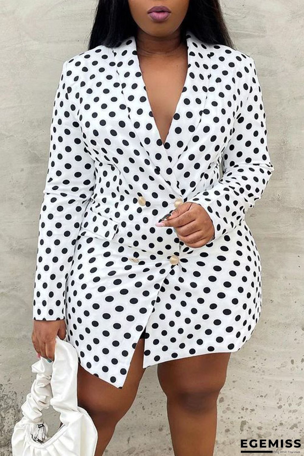 Black And White Casual Print Polka Dot Patchwork Buttons Turn-back Collar Printed Dress Plus Size Dresses | EGEMISS